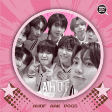 a group of young men in a pink circle with ahof aak pogs at the bottom