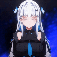 a girl with white hair and blue highlights is wearing a black top and a blue tie