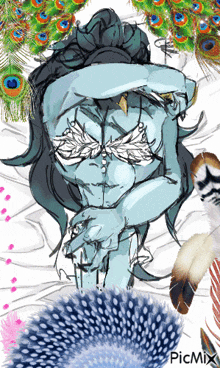 a drawing of a woman with peacock feathers and the word picmix on the bottom