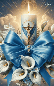 a painting of a candle with a cross and jesus on it