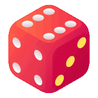 a red dice with white dots and yellow dots shows the number six