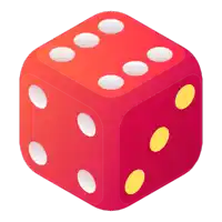 a red dice with white dots and yellow dots shows the number six