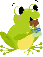 a green frog is eating a chocolate bar from a bag