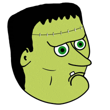 a cartoon drawing of frankenstein 's face with green eyes
