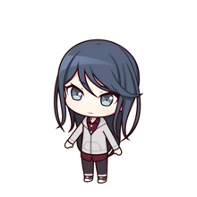 a chibi drawing of a girl with long hair and blue eyes