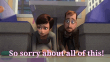 a man and a woman looking under a table with the words so sorry about all of this below them