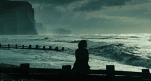 a person is sitting on a fence looking at the ocean