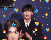 a man in a suit and tie with a butterfly on his head