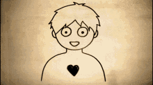 a black and white drawing of a boy with a heart on his chest