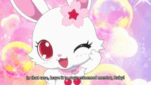 a cartoon rabbit with a pink flower on her head says in that case leave it to your esteemed mentor ruby