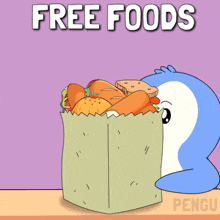 a penguin is standing next to a bag of food that says free foods