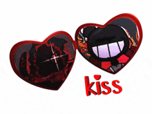 a couple of hearts with the word kiss in red