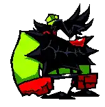 a pixel art drawing of a cartoon character with a green body and black spikes on it .