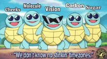 a group of cartoon turtles wearing sunglasses with the words " we don t know no stinkin timezones "