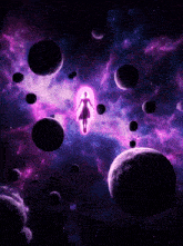 a woman in a pink dress is flying through a portal in space