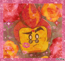 a picture of a cartoon character with a kiss on his lips is surrounded by hearts and roses