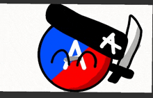 a red , blue , and white ball with a sword and a hat on it .