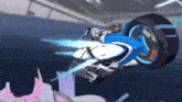 a cartoon character is riding a motorcycle with a sword coming out of it