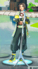 a person holding a sword in a video game with a chat button