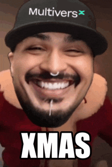 a man with a beard wearing a multivers hat