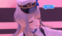 a girl wearing a captain 's hat has a speech bubble that says ' i love you ' on it