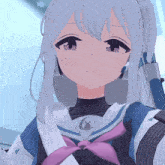a close up of a 3d anime girl with white hair and a pink bow