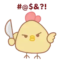 a cartoon chicken is holding a knife and the words # @ $ & ? are above it