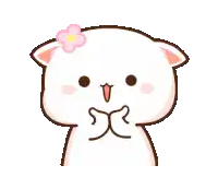 a cartoon cat with a pink flower on its head is making a funny face .