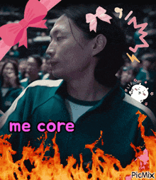 a picture of a man with a bow in his hair and the words me core