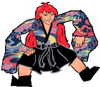 a cartoon drawing of a man with red hair wearing a colorful kimono