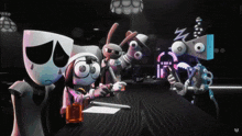 a group of cartoon characters are sitting at a table with a bottle of whiskey on it