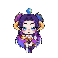 a cartoon drawing of a girl with purple and blue hair holding planets