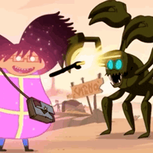 a cartoon character holding a sword standing next to a sign that says sheng