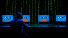 a man in a blue shirt is looking at a computer screen with a pepe face on it