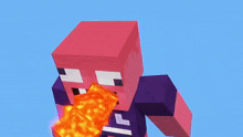 a pink minecraft character with a purple shirt is eating a piece of lava