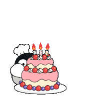 a penguin with a chef 's hat is standing next to a birthday cake with candles