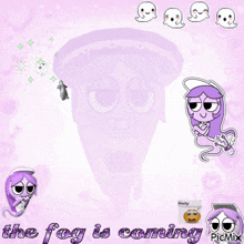 a purple background with cartoon characters and the words " the fog is coming "