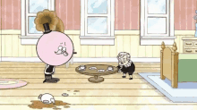 a cartoon of a man in a top hat standing next to a woman sitting at a table with cups on it .