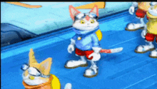 a group of cartoon characters are standing on a blue floor