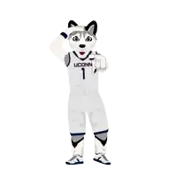 a husky mascot for the uconn basketball team points at the camera