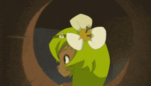 a cartoon character with green hair is standing on a cliff overlooking a body of water