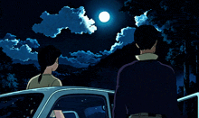 a man and a woman are standing in front of a car looking at the full moon