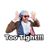 a man wearing headphones and an american flag scarf says too tight !!!