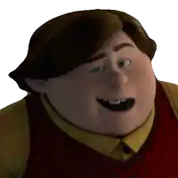 a close up of a cartoon character with a red vest on