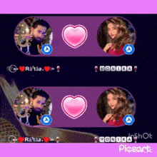 two pictures of a man and a woman with hearts and the name monika on the bottom right
