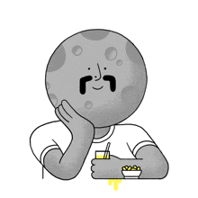 a cartoon drawing of a person with a moon face holding a drink and a bowl of food