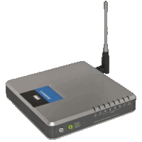 a wireless router by linksys with a antenna attached to it