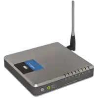 a wireless router by linksys with a antenna attached to it