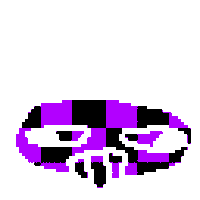 a pixel art drawing of a purple and black checkered circle with a white circle in the middle on a white background .