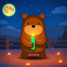 a cartoon bear is holding a green candle
